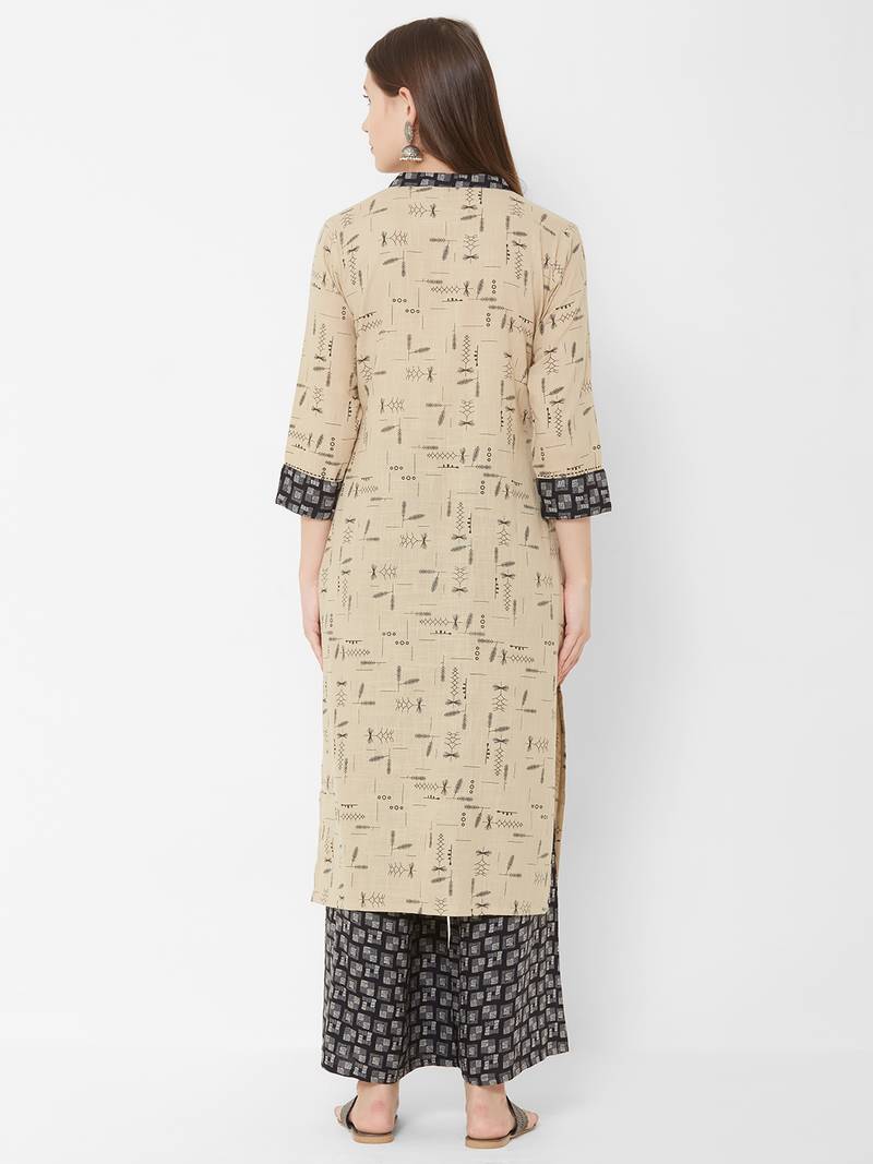 Women's Chiku Floral Straight Cotton Slub Kurta & Rayon Palazzo Set