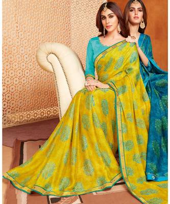 Yellow printed Georgette saree with blouse 1