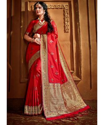Red woven art silk saree with blouse 1