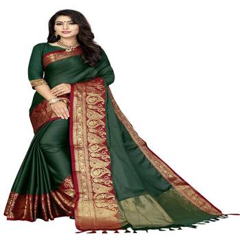 Green woven cotton silk saree with blouse 1
