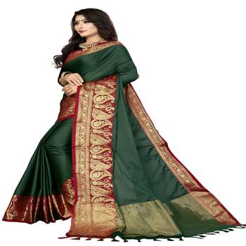 Green woven cotton silk saree with blouse 2