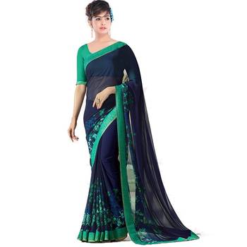 Blue printed georgette saree with blouse 1