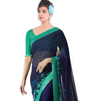 Blue printed georgette saree with blouse 2