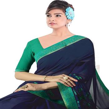 Blue printed georgette saree with blouse 3