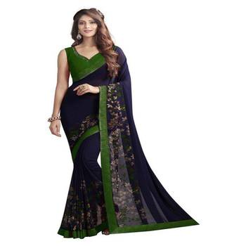 Blue printed georgette saree with blouse 1
