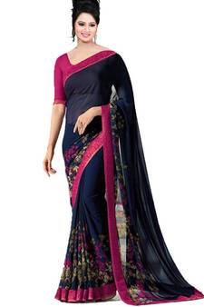 Blue printed georgette saree with blouse