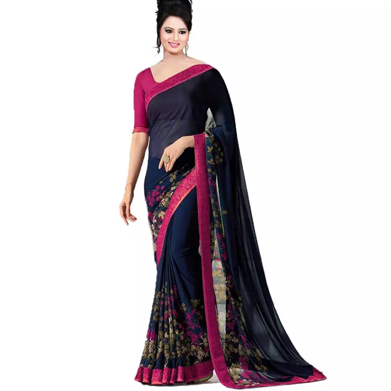 Blue printed georgette saree with blouse