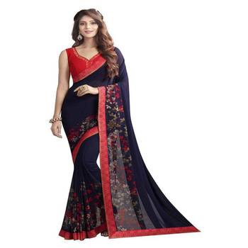 Blue printed georgette saree with blouse 1