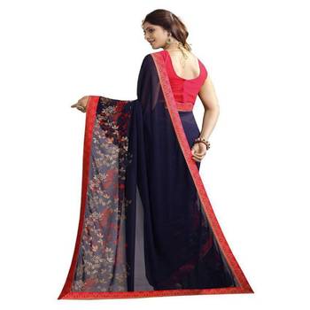Blue printed georgette saree with blouse 2