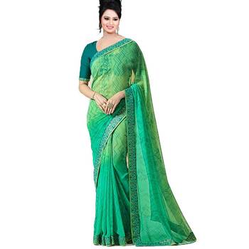 Green printed georgette saree with blouse 1