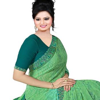Green printed georgette saree with blouse 2