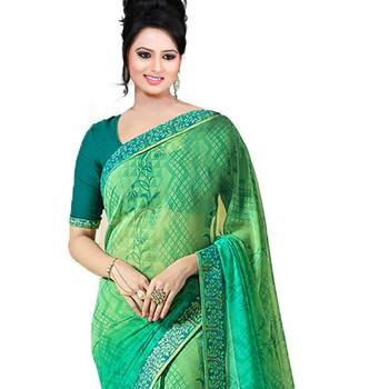 Green printed georgette saree with blouse 3
