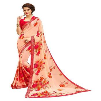 Peach printed georgette saree with blouse 1