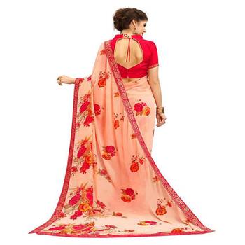 Peach printed georgette saree with blouse 2