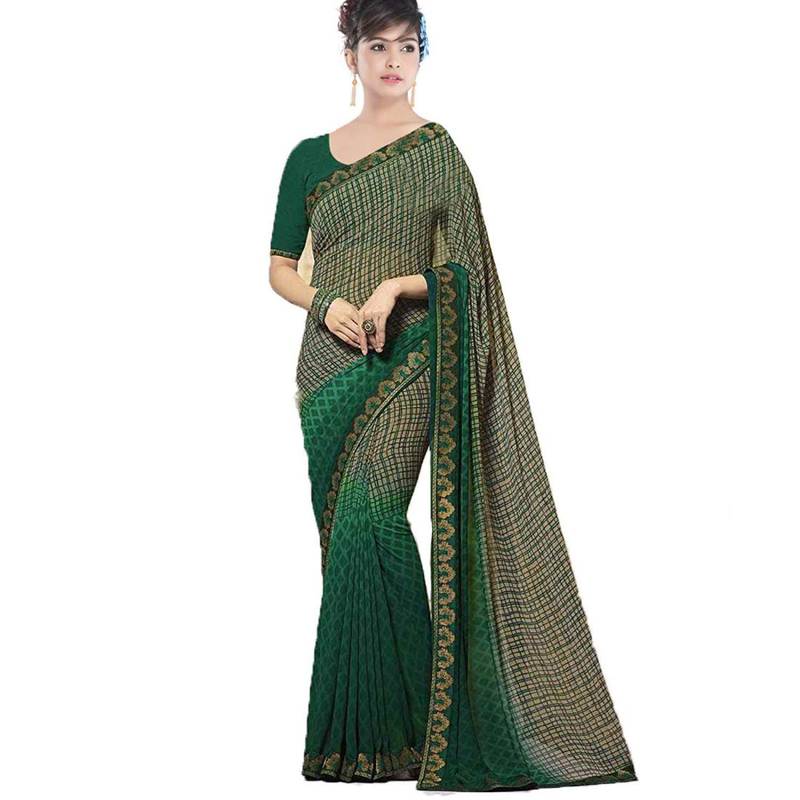 Green printed georgette saree with blouse