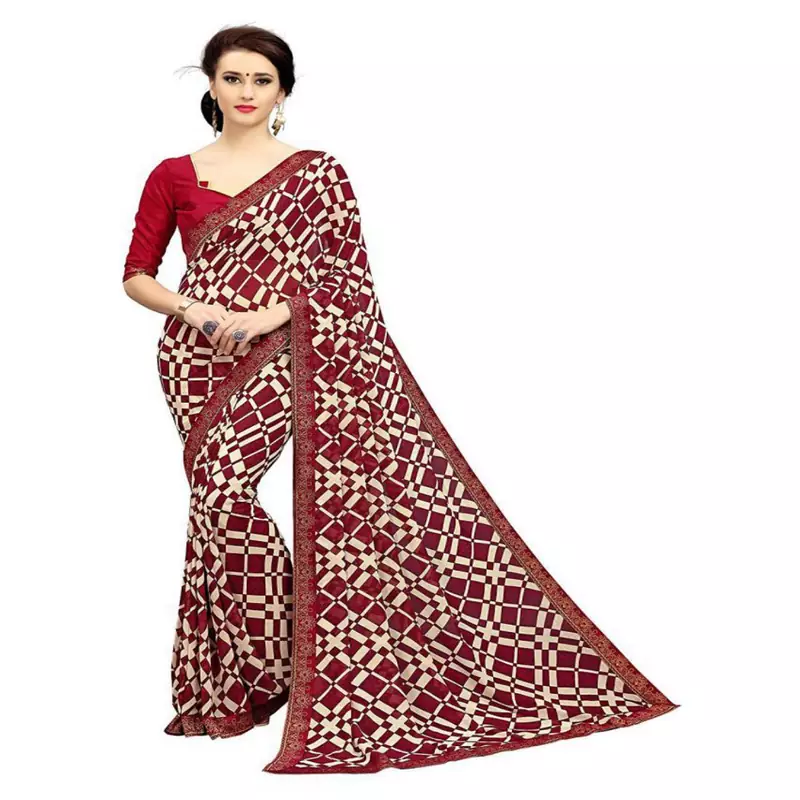 Maroon printed georgette saree with blouse