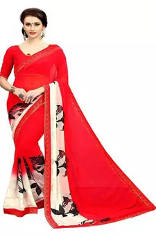 Red printed georgette saree with blouse