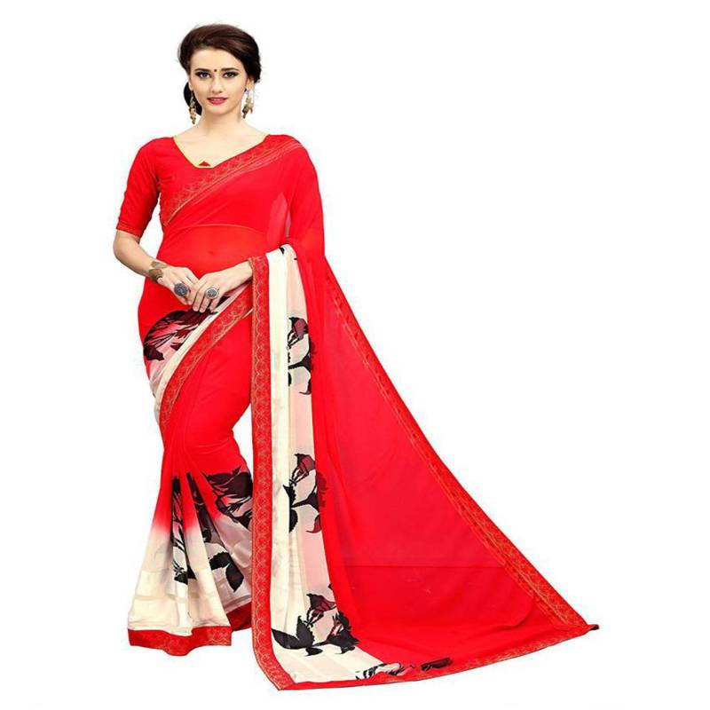 Red printed georgette saree with blouse