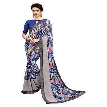 Blue printed georgette saree with blouse 1