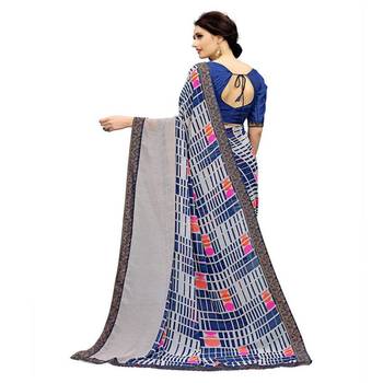 Blue printed georgette saree with blouse 2