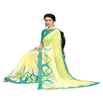 Yellow printed georgette saree with blouse 3