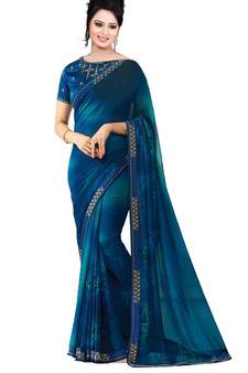 Blue plain georgette saree with blouse
