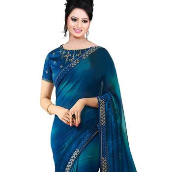 Blue plain georgette saree with blouse 2