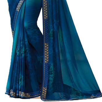 Blue plain georgette saree with blouse 3