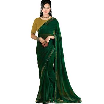 Green plain georgette saree with blouse 1
