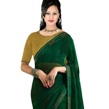 Green plain georgette saree with blouse 2