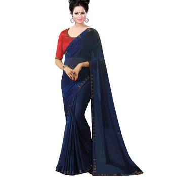 Blue plain georgette saree with blouse 1
