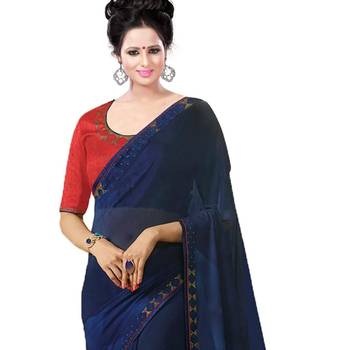 Blue plain georgette saree with blouse 2