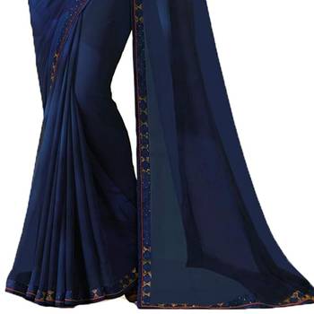 Blue plain georgette saree with blouse 3