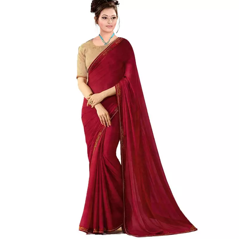 Maroon plain georgette saree with blouse