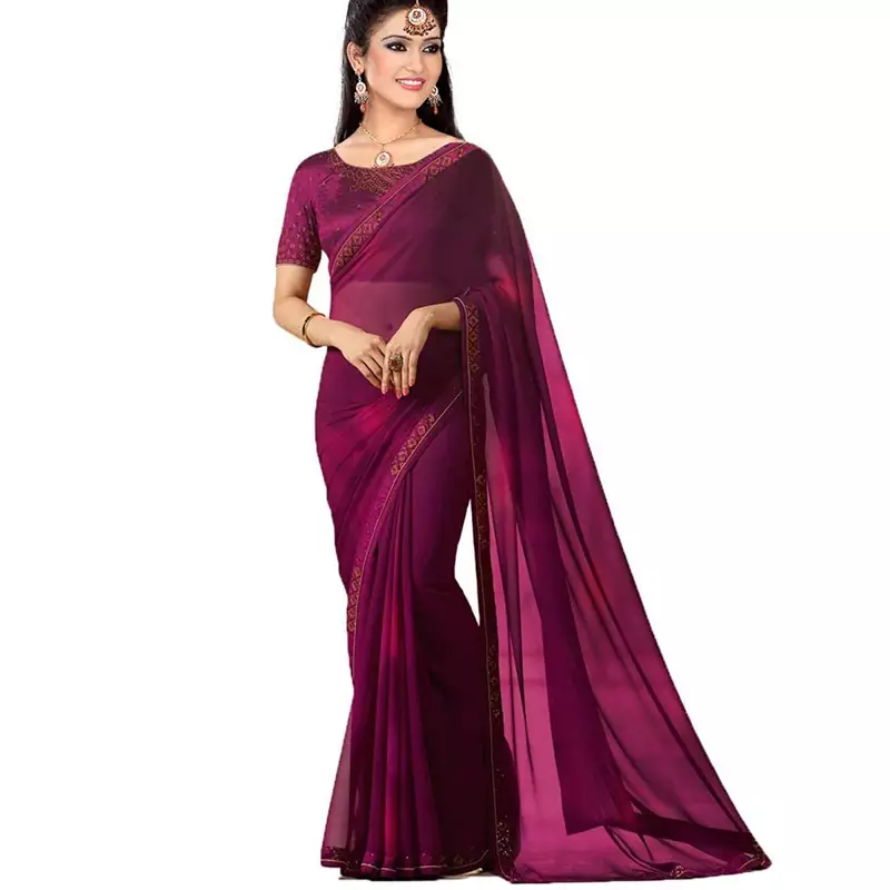 Purple plain georgette saree with blouse