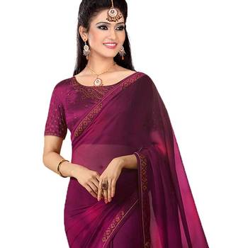 Purple plain georgette saree with blouse 2