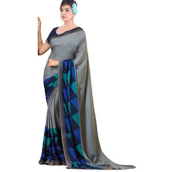 Grey printed georgette saree with blouse 1