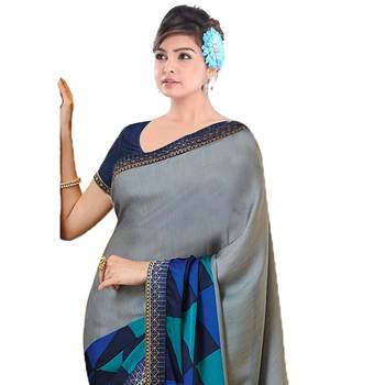 Grey printed georgette saree with blouse 2