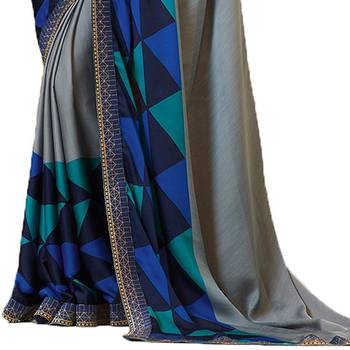 Grey printed georgette saree with blouse 3