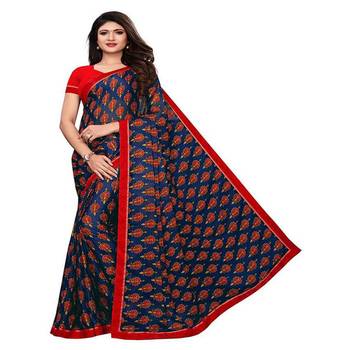 Blue printed silk saree with blouse 1