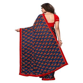 Blue printed silk saree with blouse 2