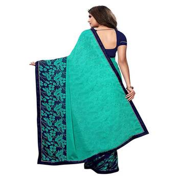 Sky blue printed silk saree with blouse 2
