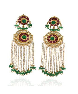 maroon green smart look ahemdabadi royal earring with pearl string drop 1