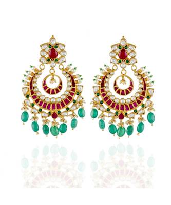 royal vintage ahemdabadi kundan chand bali earring wirh green emerald drops 1