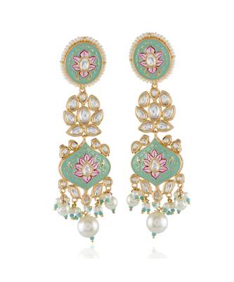 turquoise green designer royal kundan lotus painting  earring 1