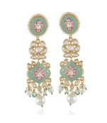 turquoise green designer royal kundan lotus painting  earring
