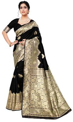 Black woven art silk saree with blouse 1