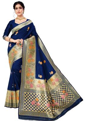 Navy blue woven art silk saree with blouse 1