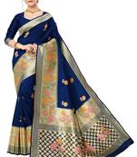 Navy blue woven art silk saree with blouse