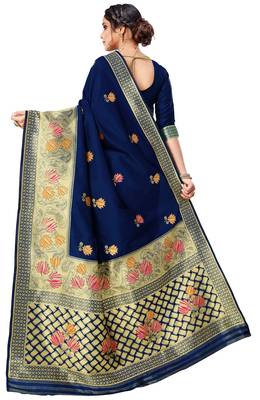 Navy blue woven art silk saree with blouse 3